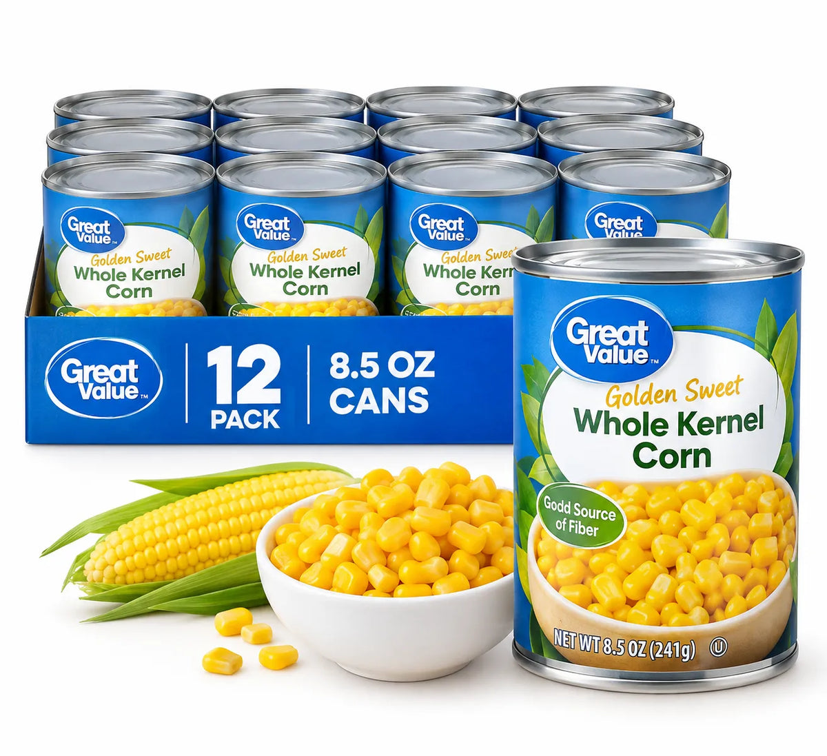 Great Value Golden Sweet Whole Kernel Corn, 8.5 oz Cans – 12 Pack