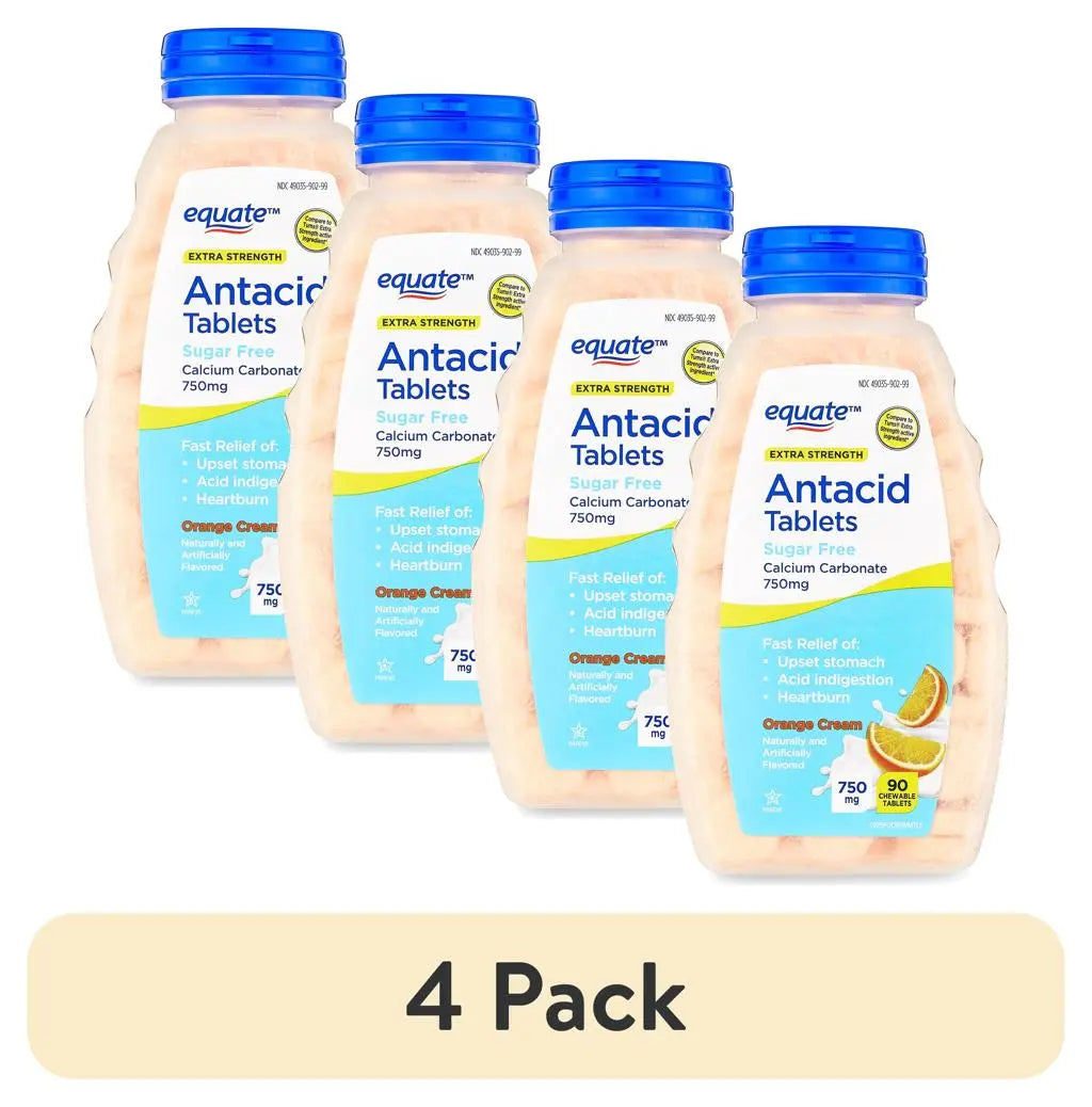 Equate Extra Strength Sugar-Free Antacid Chewable Tablets, Orange Cream, 750 mg, 90 Count – 4 Pack