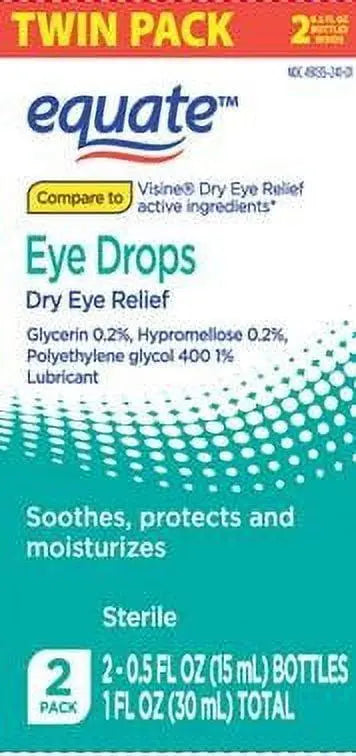 Equate Dry Eye Relief Lubricant Eye Drops, 2-Pack, 0.5 fl oz Bottles, 15 mL Each