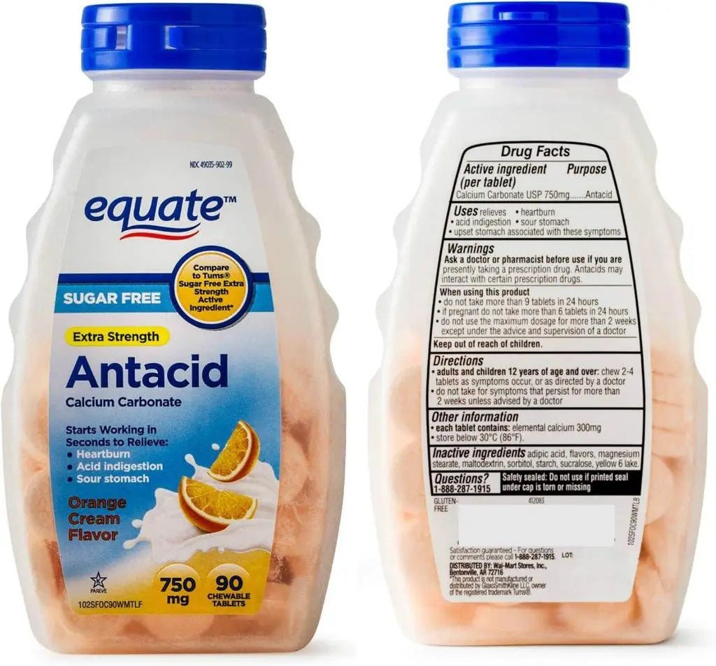 Equate Extra Strength Sugar-Free Antacid Chewable Tablets, Orange Cream, 750 mg, 90 Count – 4 Pack