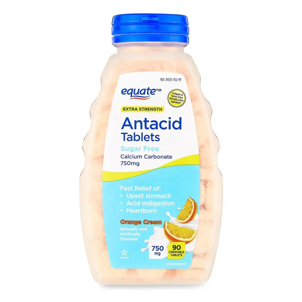 Equate Extra Strength Sugar-Free Antacid Chewable Tablets, Orange Cream, 750 mg, 90 Count – 4 Pack