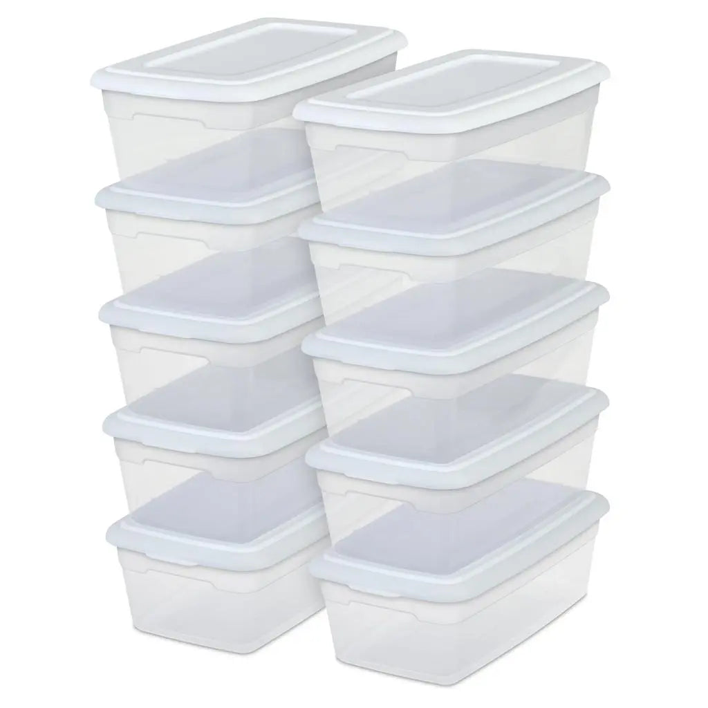 Sterilite Set of 10 6-Quart Storage Bins with Snap-On Lids – Clear/White