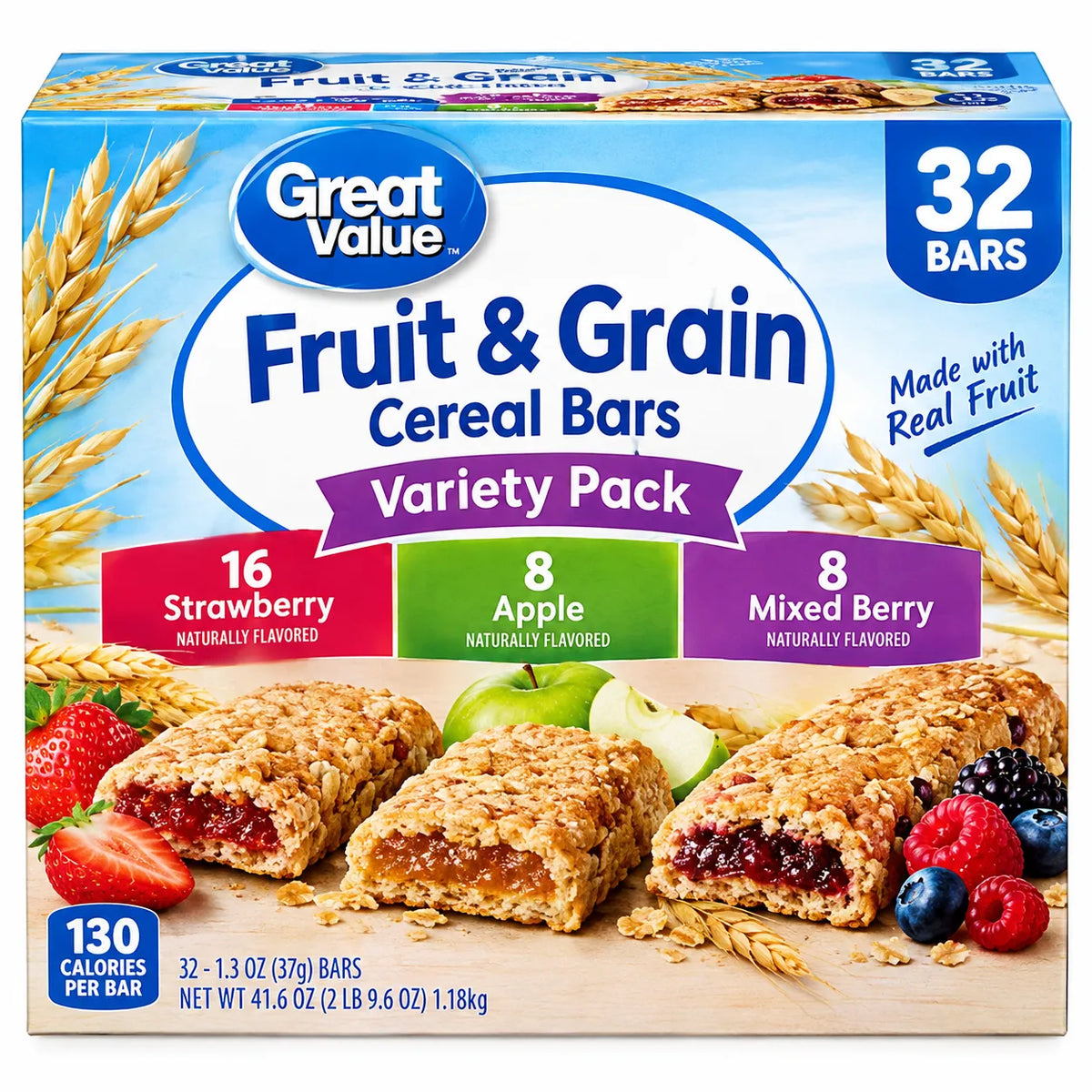 Great Value Fruit & Grain Cereal Bars Variety Pack, 1.3 oz, 32 Count