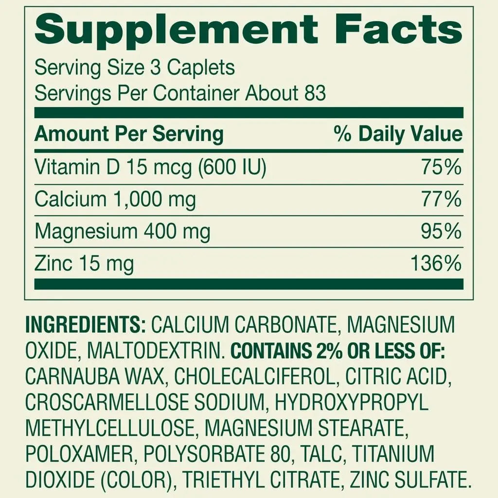 Spring Valley Calcium, Magnesium & Zinc Plus Vitamin D3 Coated Caplets, 250 Count